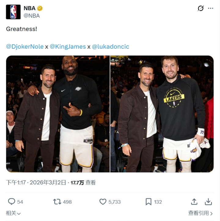 kaiyun-NBA官方晒德约科维奇与詹姆斯&东契奇合影:伟大!